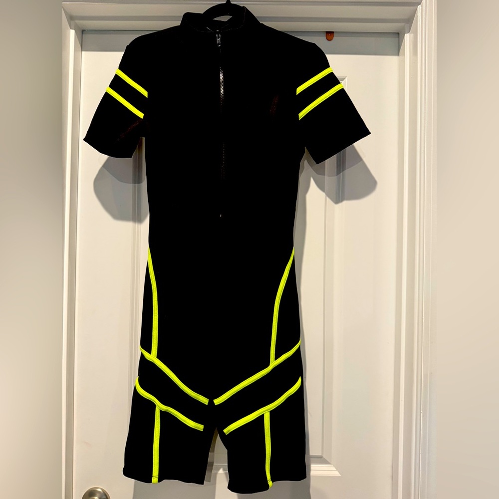Black Zip-Up Biker Short Romper | Neon Yellow Trim | Sporty Athleisure Vibe